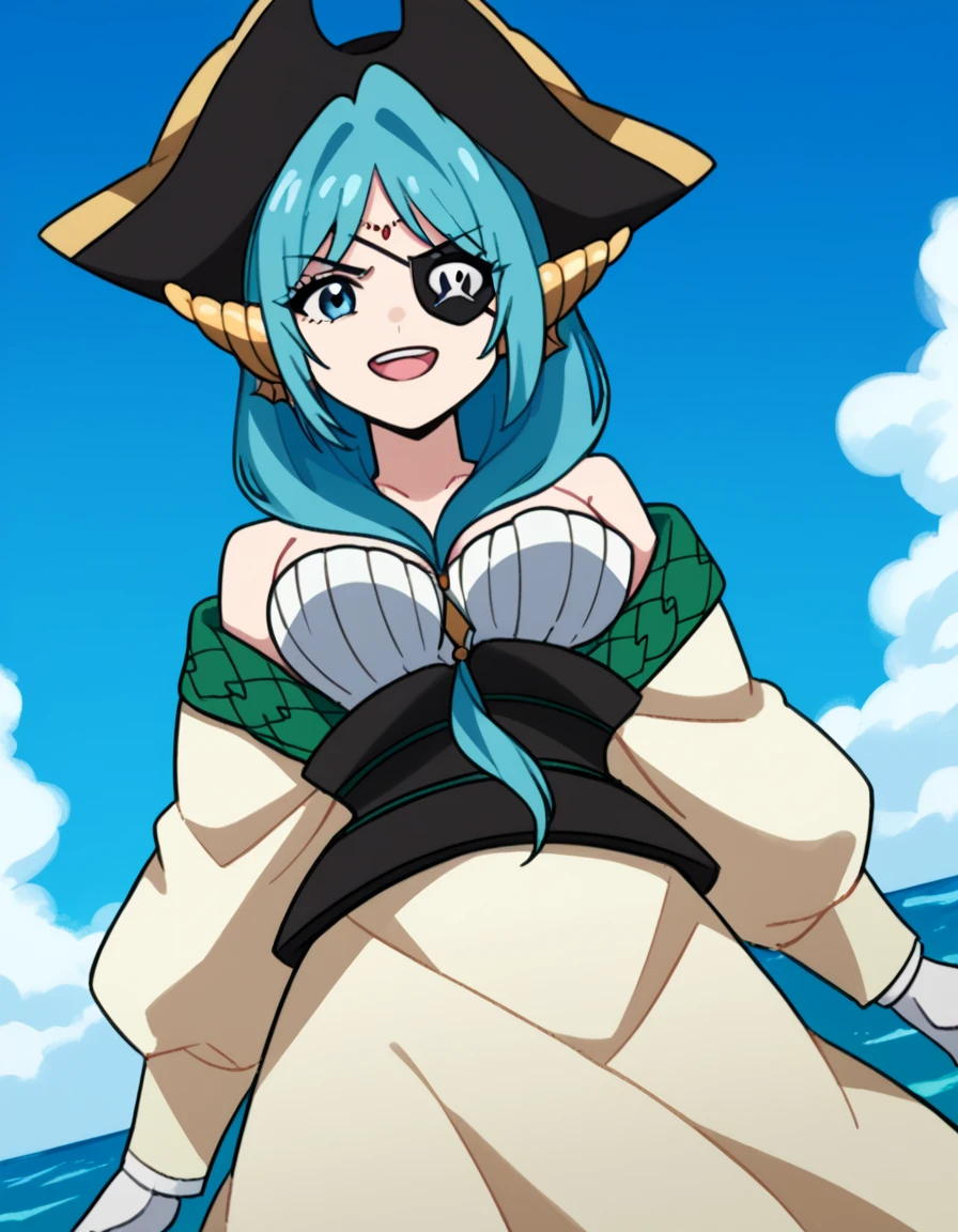 score_9, score_8_up, score_7_up, source_anime, <lora:yamraiha-s1-ponyxl-lora-nochekaiser:1>, yamraiha, long hair, blue eyes, large breasts, blue hair, aqua hair, front ponytail, hair between breasts, <lora:pirate-costume-ponyxl-lora-nochekaiser:1>, pirate costume, pirate hat, skirt, gloves, jacket, shirt, eyepatch,, blue sky, sea, ocean, pirate ship, treasure, gold, smug, open mouth, from below, sitting,, , dutch angle, cowboy shot