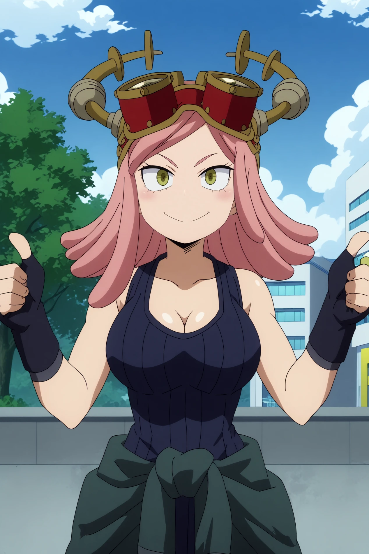  mei hatsume,1girl,solo,breasts,large breasts,goggles,smile,symbol-shaped pupils,goggles on head,fingerless gloves,gloves,long hair,cleavage,collarbone,black gloves,clothes around waist,ribbed shirt,sleeveless BREAK outdoors,blue sky,cityscape,cloud,tree  Lying on back Thumbs up,   <lora:Mei_Hatsume_-_My_Hero_Academia.safetensors:0.8>