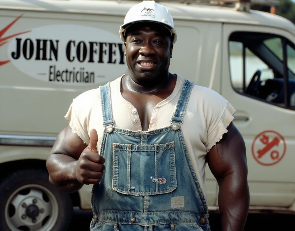 John Coffey is a bal man. He wears a jean overalls and a white tshirt and a hardhat. He pose smiling an thumbs up in front of a utility van with the text "John Coffey - Electrician"<lora:John_Coffey:0.9>