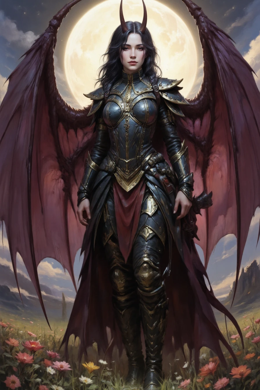 detailed digital painting depicting a fantasy warrior with demonic features. The subject is a female warrior with long, dark hair, sharp, pointed horns on her head, and large, bat-like wings with black membranes and dark red veins. She wears ornate, black and gold armor with intricate designs, including a chest plate, red shoulder guards, and gauntlets. Her armor features a mix of obsidian and metal, with a flowing, dark purple cloak that billows behind her.  ArtifyAI she is in the wild flower meadow with ancient ruins ., Bold, iconic, dynamic, dramatic, complex background, gorgeous, extremely intricate details