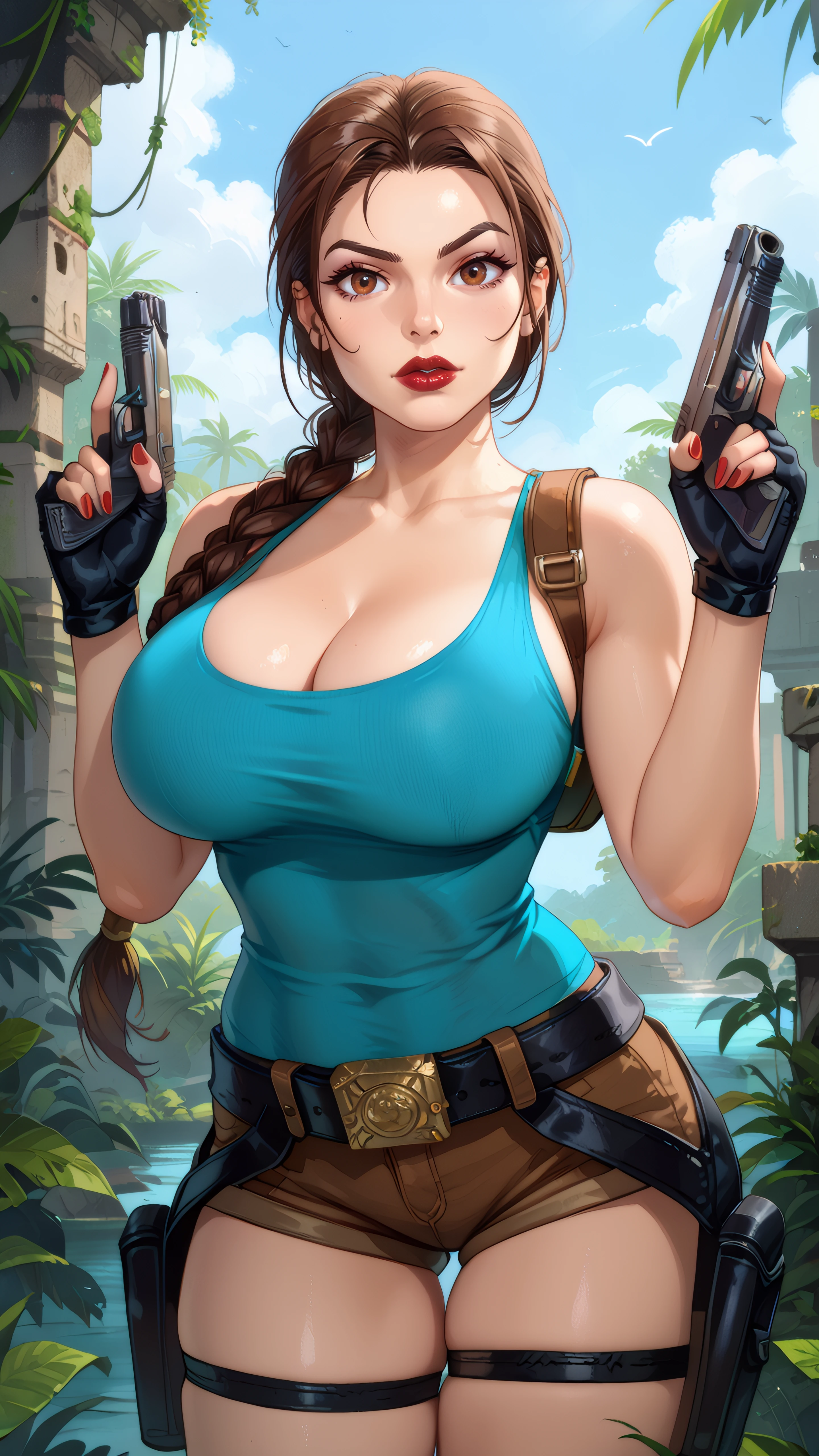 score_9, score_8_up, score_7_up,  score_6_up BREAK 1girl, looking at viewer, cowboy shot, mature female, 
<lora:LaraCroft_Classicv2_Dwnsty:0.9>, lara_classic, brown eyes, brown hair, braided ponytail, long braid, blue tank top, short shorts, fingerless gloves, black gloves, thigh strap, thigh holster, belt, red nails, cleavage, lips, makeup, red lipstick, 
large breasts, skindentation, lips, raised eyebrow, holding weapon, holding guns, hands up,
outdoors, ruins, jungle, blue sky, nature,