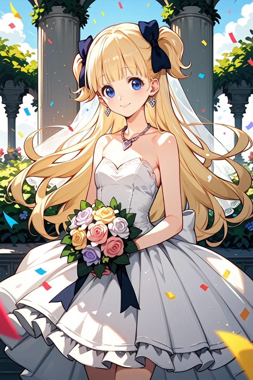 score_9, score_8_up, score_7_up, score_6_up
<lora:AEmilico:0.8>
AEmilico, 1girl, blonde hair, blue eyes, hair bow, blunt bangs, two side up, long hair, looking at viewer, garden, wedding dress, necklace, smile, bouquet, day, confetti, cowboy shot, standing