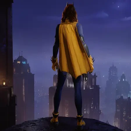 score_9, score_8_up, score_7_up,source_anime,(Western Comics),1girl,solo,barbara gordon,blue eyes,mask, bodysuit, cape, gloves, belt,(night),building roof,buildings,lights, fit body, batgirl, back side, <lora:Batgirl:1>