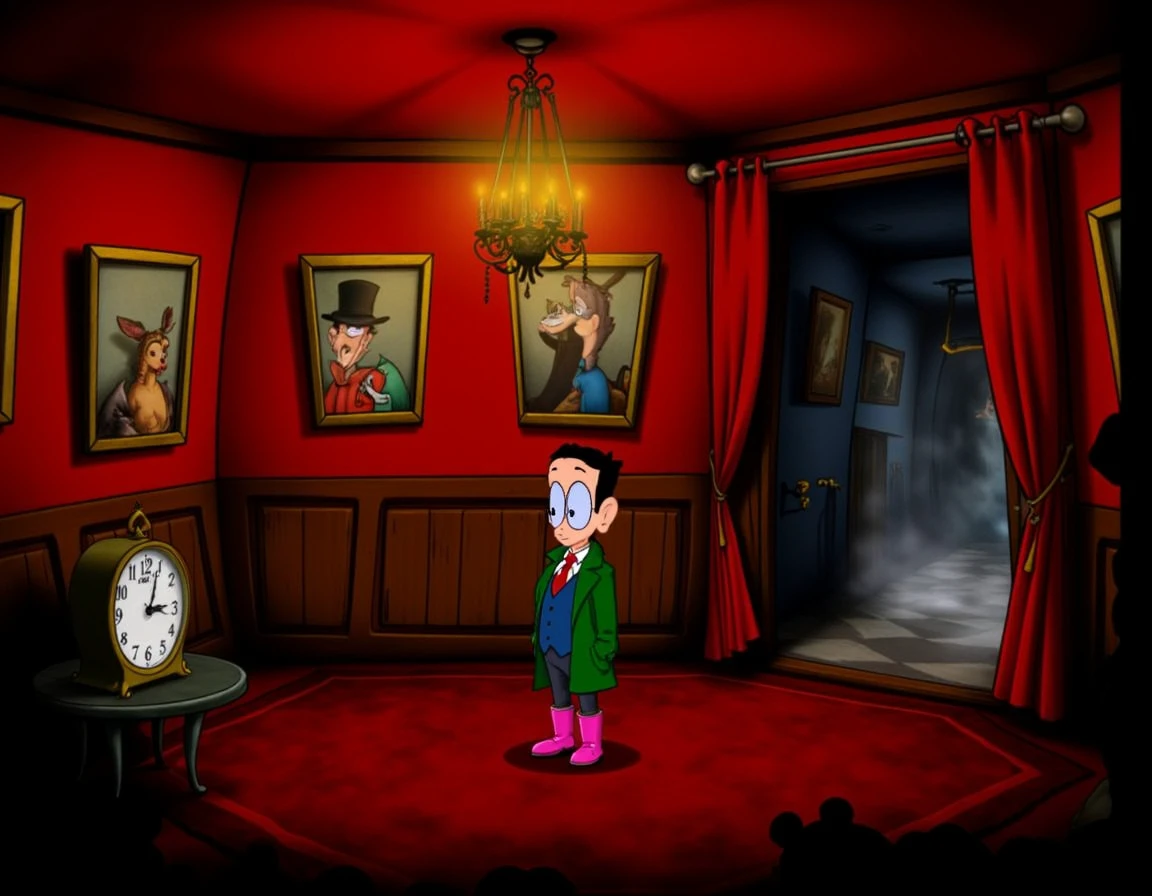 Tony_Tough_Art_Style, This image is a digitally drawn cartoon scene in a whimsical, slightly creepy style. At the center, a lanky figure with a narrow face and wide eyes stands in the middle of a bright red, octagonal room. The man is dressed in a mismatched outfit: a green trench coat over a blue vest, and bright pink boots. His hands are stuffed into his pockets, and he appears confused, glancing around the room. The walls are lined with dark wooden panels, each one covered with framed, oddly tilted portraits of animals wearing human clothes. A single chandelier hangs above, casting a warm yellow light that contrasts with the room’s otherwise dark shadows. On the right side of the image, a large, velvet curtain is slightly open, revealing a mysterious, fog-filled hallway. In the foreground, an old clock, stuck at midnight, is seen sitting on a small, round table, adding to the room’s strange, unsettling atmosphere.