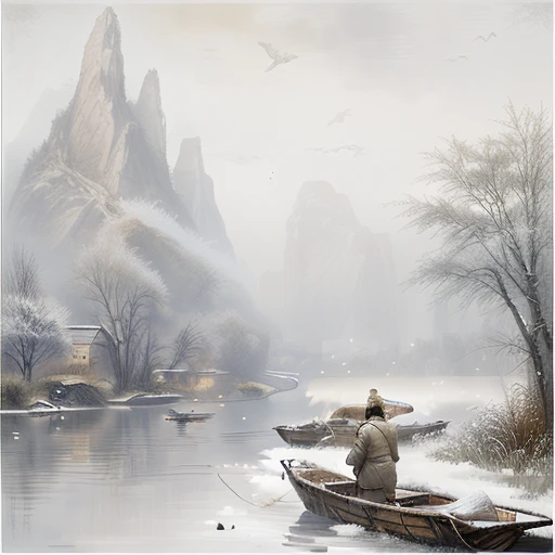 ancient Chinese style, 1boy, solo, male focus, hat, snow, tree, sitting, black hair, snowing, boat, fishing rod, fishing, bird, watercraft, outdoors, straw hat, winter<lora:-000012:1>