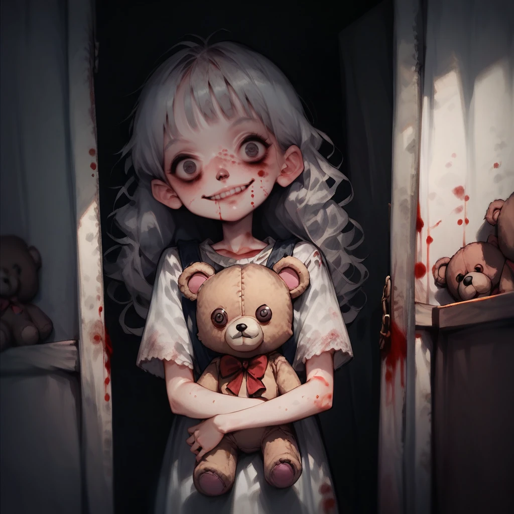 score_9, score_8_up, score_7_up,  <lora:Unsettling_Pony:1>, unsettling, dirty, grimy, 1girl, closet, creepy smile, looking at viewer, bloodstains, creepy eyes, long hair, teddy bear,  <lora:age_slider_v4:-5>