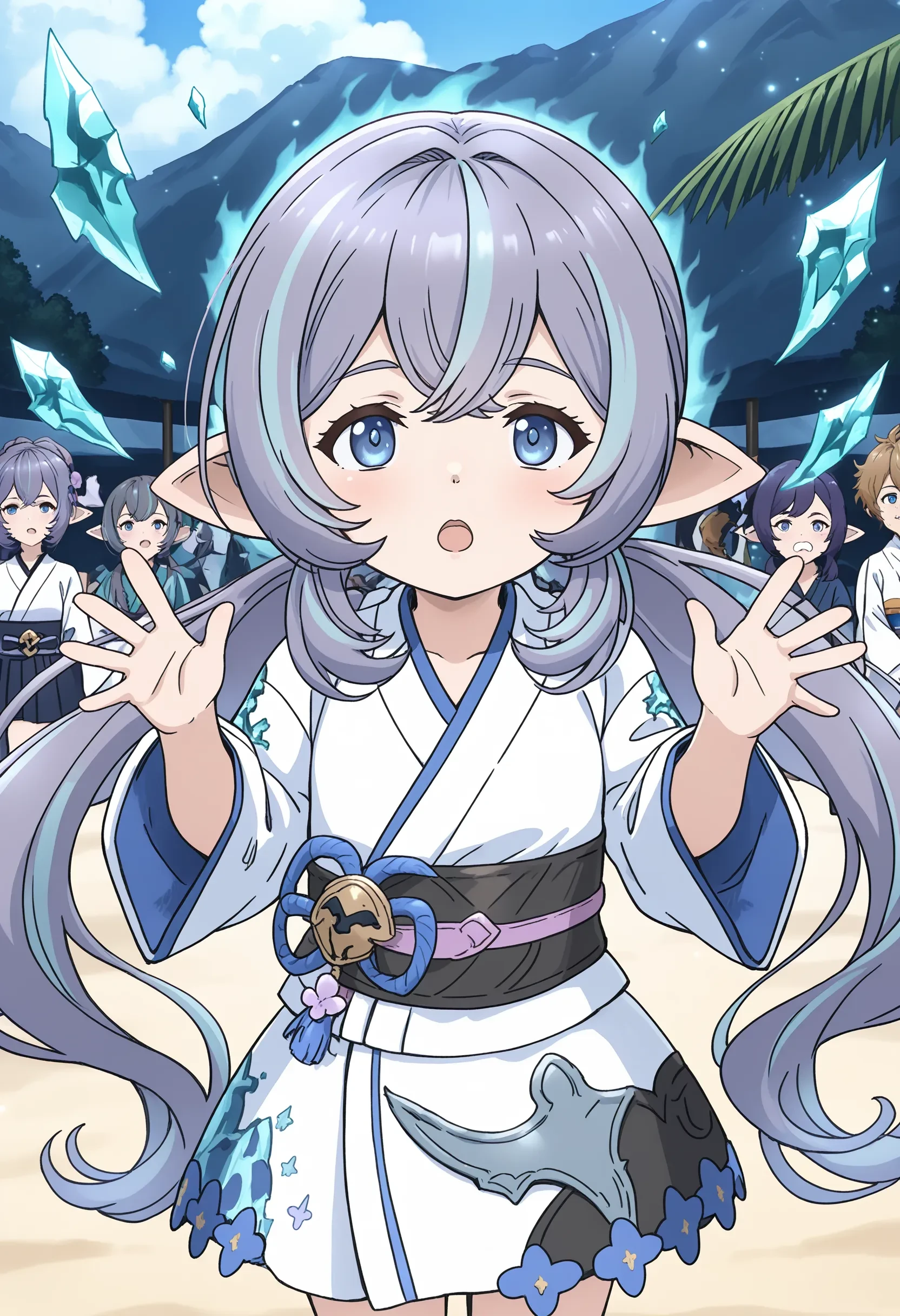 1girl, uruki \(granblue fantasy\), harvin, purple hair, multicolored hair, low twintails, blue eyes, yukata, 
outdoors, beach, audience, crowd, 
telekinesis, hands up, reaching, aura, light particles, floating object, psychic, Neutral, A relaxed facial expression with a slightly open mouth., general, 
masterpiece, best quality, absurdres, high resolution, 8k, official art, official style, source_anime, uncensored, anime screencap, anime coloring, newest, (ai-generated:0.6) <lora:GBF-uruki_XL(ill)v10:1>