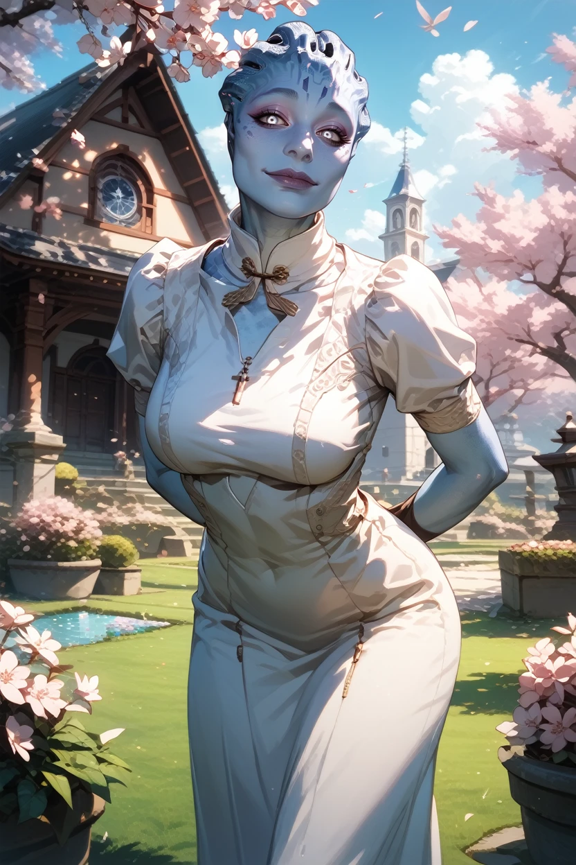 score_9, score_8_up, score_7_up,
<lora:MESamara:0.8>
MESamara, 1girl, blue skin, white eyes, alien, looking at viewer, arms behind back, leaning forward, standing, outdoors, cherry blossoms, smile, garden, church