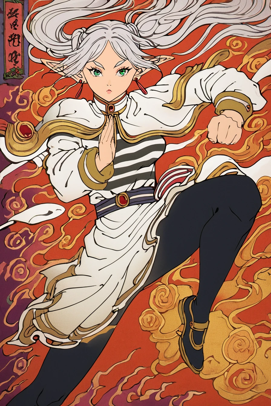 score_9, score_8_up, score_7_up, score_6_up, score_5_up, score_4_up,<lora:frieren-ponyxl-lora-nochekaiser:0.8> ,frieren, long hair, twintails, green eyes, grey hair, pointy ears, elf, shirt, long sleeves, jewelry, pantyhose, earrings, striped, black pantyhose, capelet, striped shirt, skirt, white skirt, <lora:traditional_Japanese_art:1>,  traditional japanese art, 1girl, solo, alone, fighting stance, masterpiece, highres