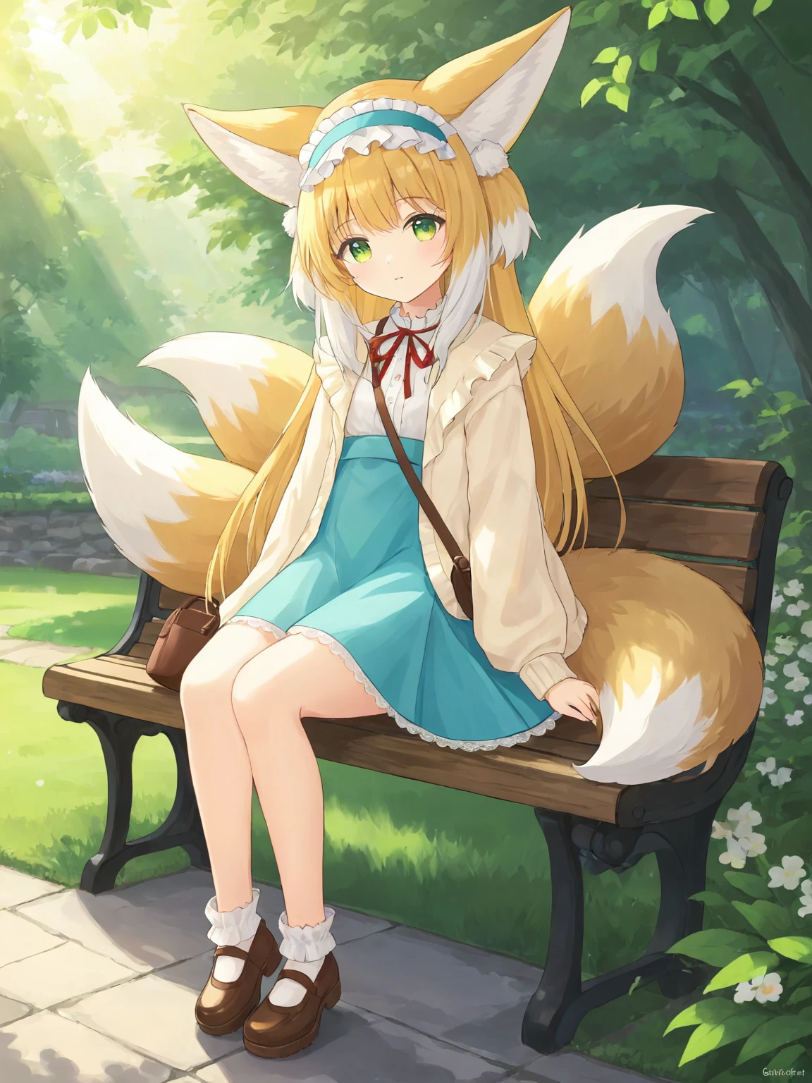 1girl,animal ears,blue frilled hairband,brown footwear,brown open cardigan,brown_crossbody_bag,closed mouth,cyan_high-waisted_skirt,ears down,fox ears,fox girl,fox tail,looking at viewer,red neck ribbon,sleeves past wrists,solo,suzuran \(arknights\),white cardigan,park bench,sunlight,<lora:linglan-SDXL-lora-2024.10.19-version1-000024:0.55>,