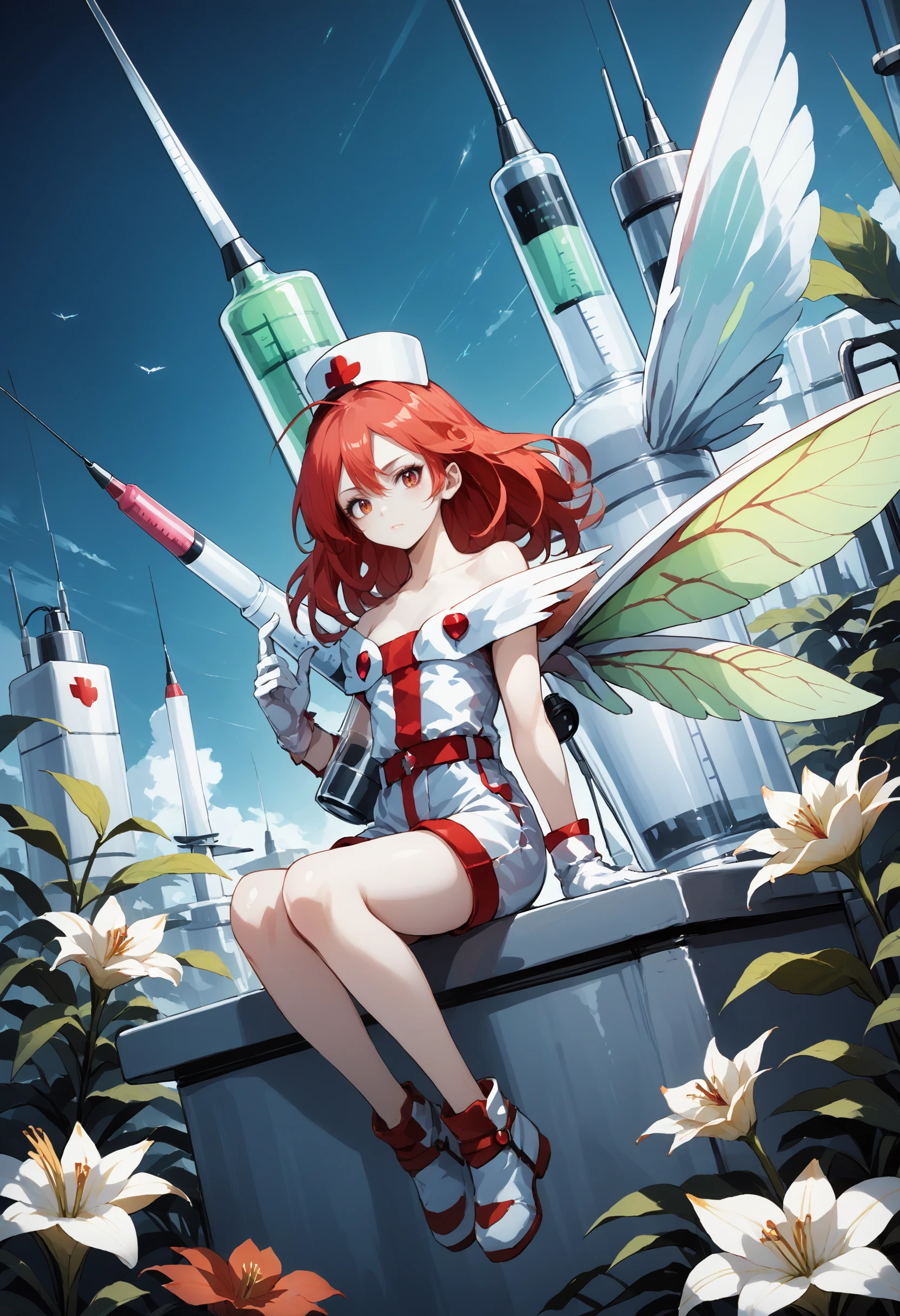 score_9, score_8_up, score_7_up, source_anime,
iflily, injection_fairy_lily, syringe, red hair, red eyes, sitting, nurse outfit, syringe, Long Shot, simple sky background, semirealistic, gloves, 
, diffused