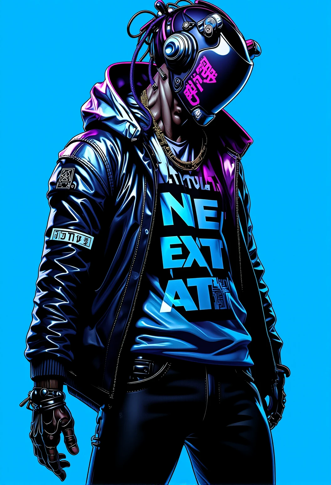 In the style of surrealism, a cyberpunk warriorin front of a solid electric blue background, (with the text "Neon Art Style" prominently displayed in the upper part of the image in bold letters:1.5 )., <lora:bv-neoartsty.safetensors:1.0:1.0>