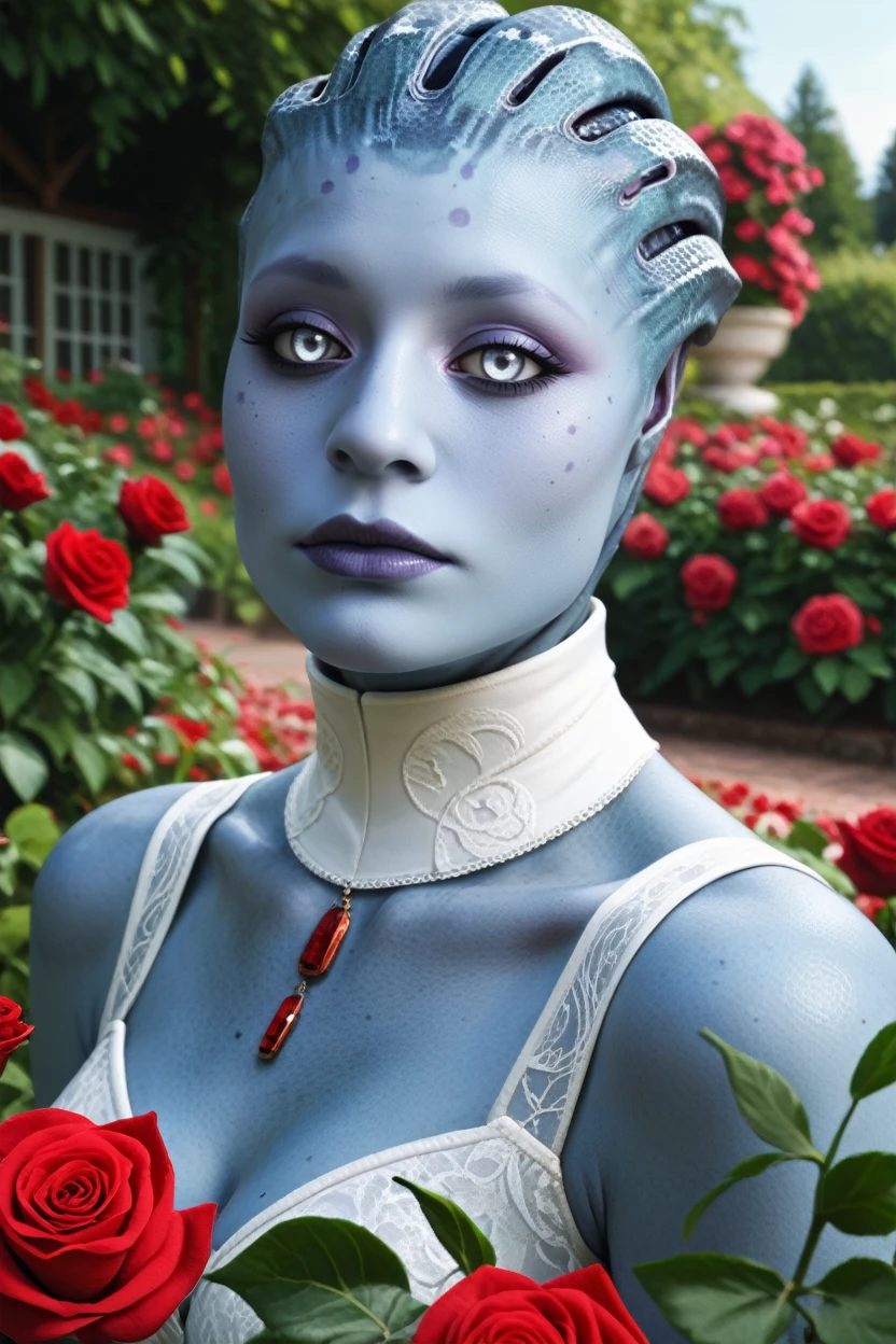 score_9, score_8_up, score_7_up,
<lora:MESamara:0.8>
MESamara, 1girl, blue skin, white eyes, alien, looking at viewer, rose garden, gardening, floral background