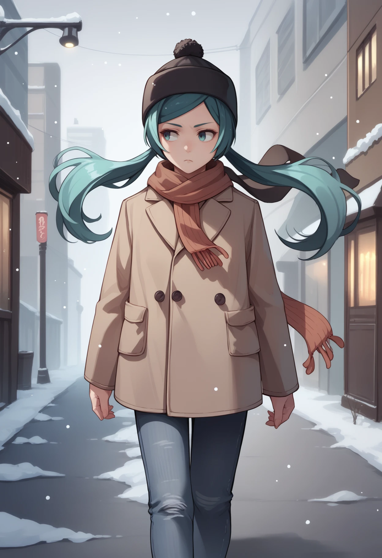 score_9, score_8_up, score_7_up, source_anime, <break> solo, 1girl, saibanmiku, expressionless, looking away, walking, long hair, aqua hair, twintails, black headwear, hat, winter clothes, brown coat, jeans, scarf, snowing, outdoors, city street
<segment:yolo-face_yolov8m.pt,0.4,0.5//cid=1>