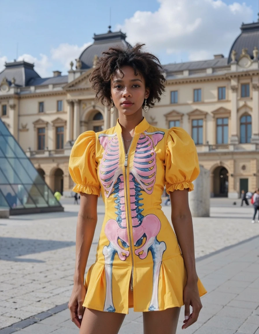 Visceral_clothing,This is a vintage, anatomically themed outfit worn by a person, adorned with colorful anatomical illustrations. The focus is on the depiction of the structure of human organs on the clothing, highlighting the design and novelty aspects of the attire. This is a high-resolution photograph of a young woman standing in a public square, showcasing a vibrant and eye-catching outfit. She has a dark complexion and curly hair, wearing a striking, futuristic dress. The dress is predominantly yellow with a large, central zipper down the front, revealing a surreal, anatomical design of human bones and organs in pink, blue, and white hues. The sleeves are puffy and balloon-like, extending past her elbows, while the skirt is short and flared. She accessorizes with large, dangling earrings. The background features a grand, historic building with classical architecture, likely a museum or palace, with tall, ornate windows and a domed roof, adding a sense of elegance and timelessness to the scene. The square pavement is clean and orderly, with a large, triangular glass structure in the distance, possibly a contemporary art installation. The sky is clear with a few clouds, enhancing the sunny atmosphere. The overall composition juxtaposes modern fashion with historical architecture, creating a visually striking and thought-provoking image.
,<lora:Visceral_clothing_F1_sampson:0.8> , <lora:flux_realism_lora:0.35>