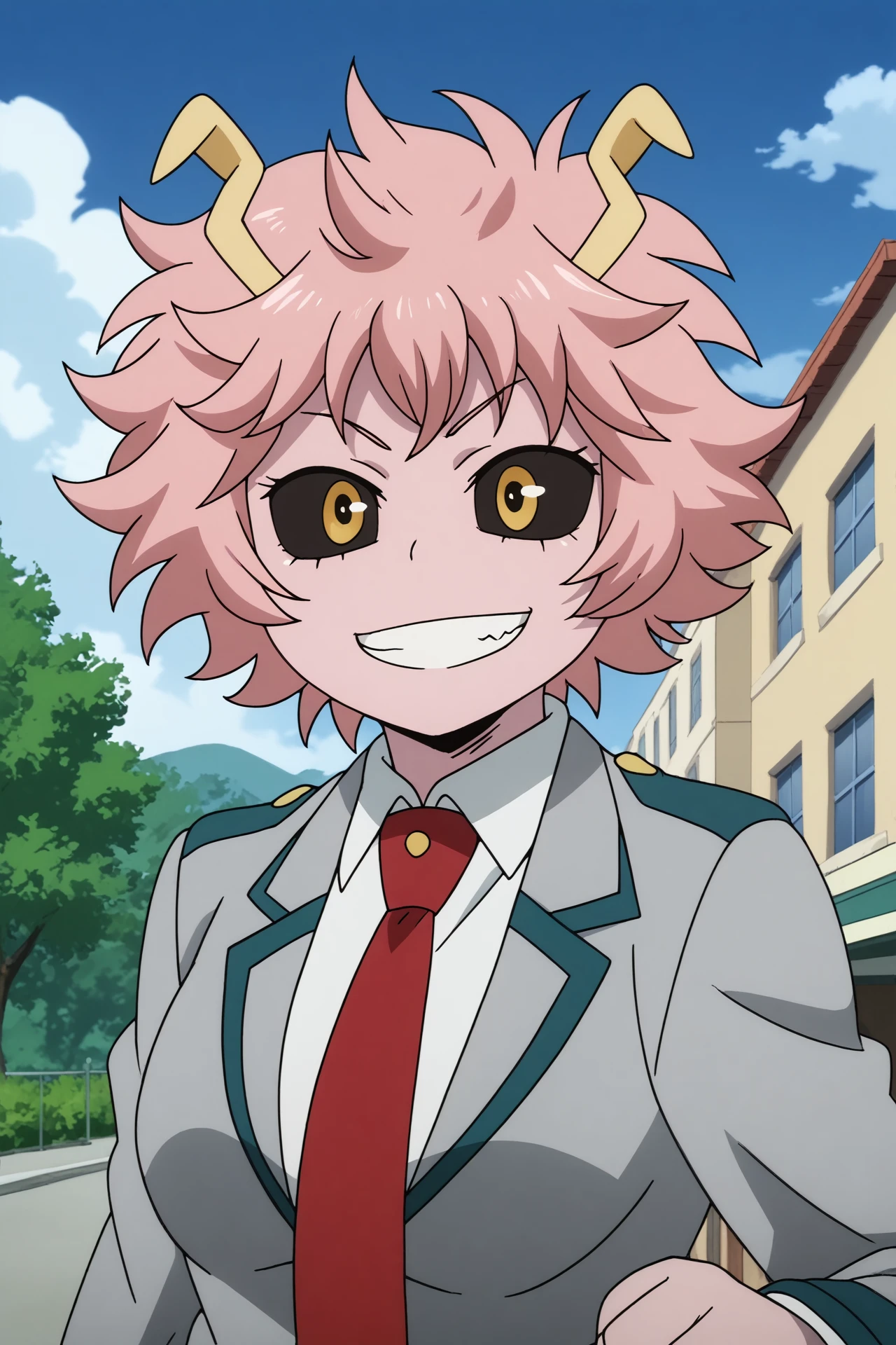 mina ashido,1girl,solo,breasts,medium breasts,pink skin,horns,colored skin,clenched teeth,teeth,short hair,colored sclera,black sclera,u.a. school uniform,school uniform,red necktie,necktie,smile,grey jacket,long sleeves