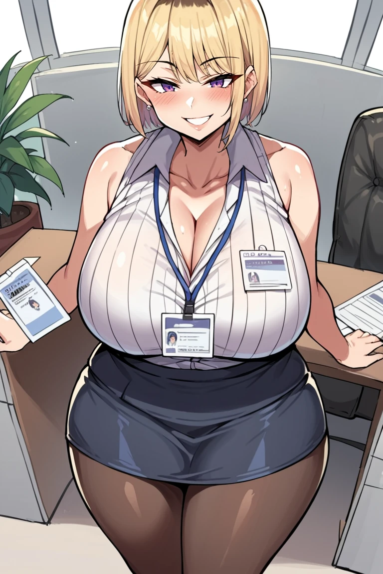 1 woman (mature, milf, huge breasts, large breasts, curvy, voluptuous, clompletely nude, nude, pussy, nipples, blonde hair, blue eyes, red lips, earring, necklace, grinning, standing), 1 man (old man, male office suit, standing behind a woman), age diference, office, indoors