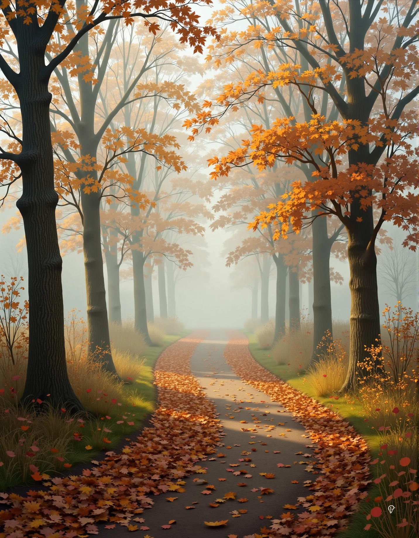 A painting of a foggy park. <lora:autumncore:0.6> autumncore