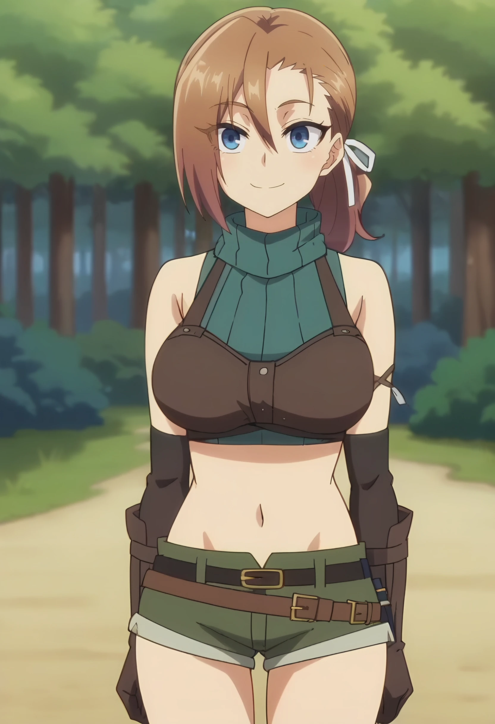 <lora:Rhuna Rudeback:0.8> Rhuna Rudebeck, 1girl, blue eyes, brown hair, hair ribbon, eyes visible through hair, ponytail, hair between eyes, large breasts, solo     , bare shoulders, navel, crop top,brown gloves, white ribbon, sleeveless turtleneck, green shirt, elbow gloves, short shorts, brown belt,midriff , cowboy shot,   looking at viewer, smile, upper body, forest background, thighs, score_9, score_7_up,anime coloring ,source_anime, anime, anime screencap