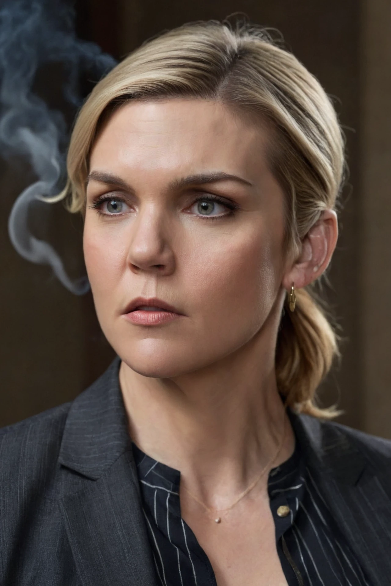 realistic portrait photo of a woman, rheaseehorn, blonde hair, formal shirt, face portrait, cinematic, smoking, earrings,
<lora:RheaSeehorn_SDXL_v1-000004:0.8>