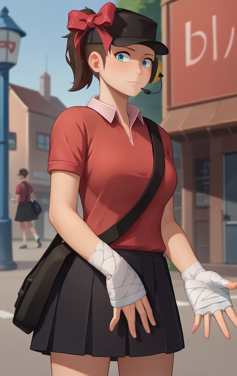 score_9,score_8_up,score_7_up BREAK <lora:femscout10:1>,FemScoutMarlo,1girl,short hair,blue eyes,ponytail,brown hair,shirt,hat,red bow,short sleeves,collared shirt,shoulder bag,bandages,black skirt,headset,red shirt,bandaged arm,bandaged hand,polo shirt,cowboy shot,street background,