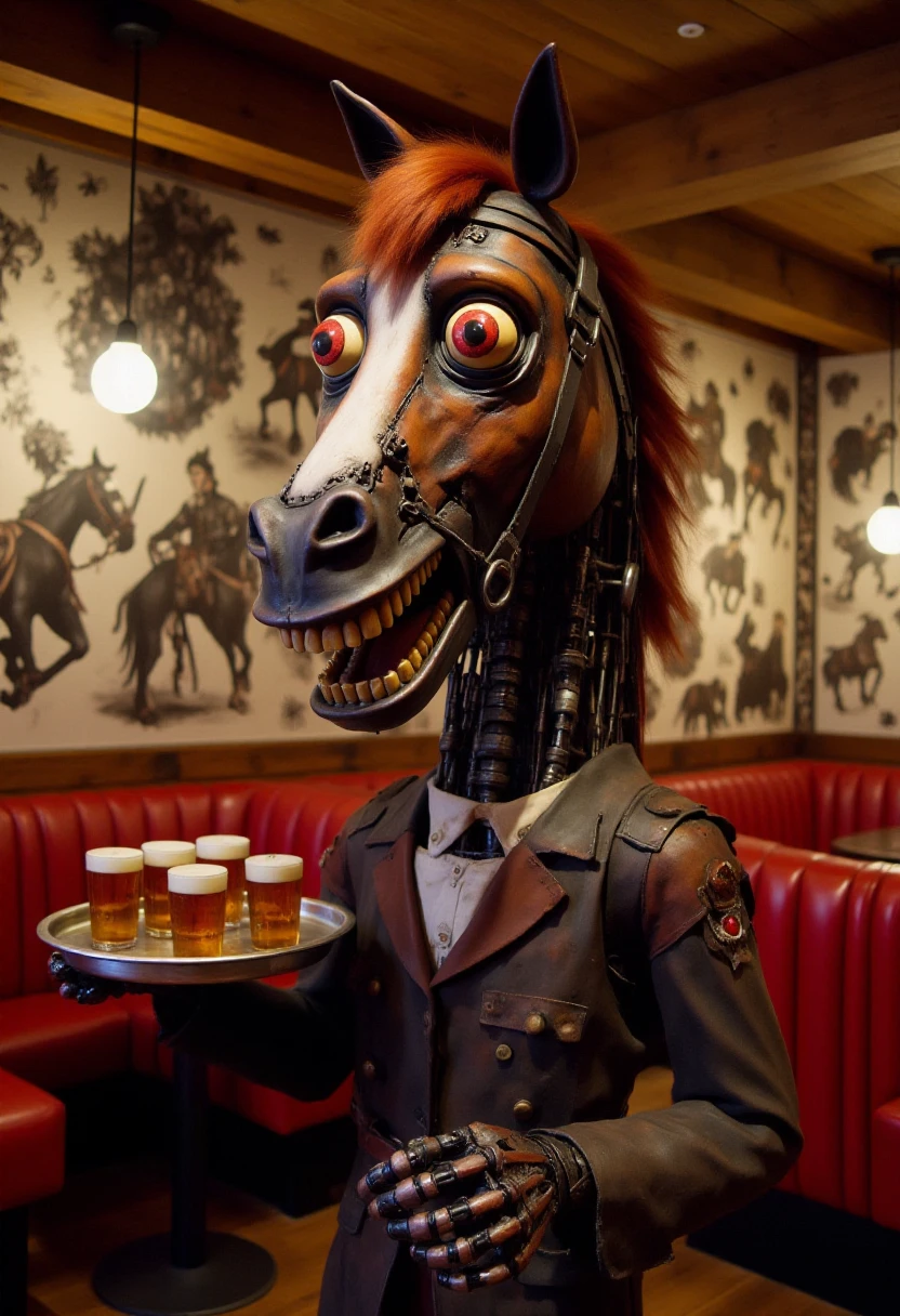 <lora:Animatronic_Assembler_FLUX:1.0>
The image is a high-resolution photograph of an animatronic horse in a restaurant setting. The horse is a highly detailed and lifelike mechanical creation with a dark brown, glossy finish. Its head is exaggeratedly expressive, with wide, bright red eyes and a wide, toothy grin revealing gleaming white teeth. The horse's mane is a vibrant reddish-brown, styled in a mane that appears to be slightly tousled. The horse is holding a tray of beers.