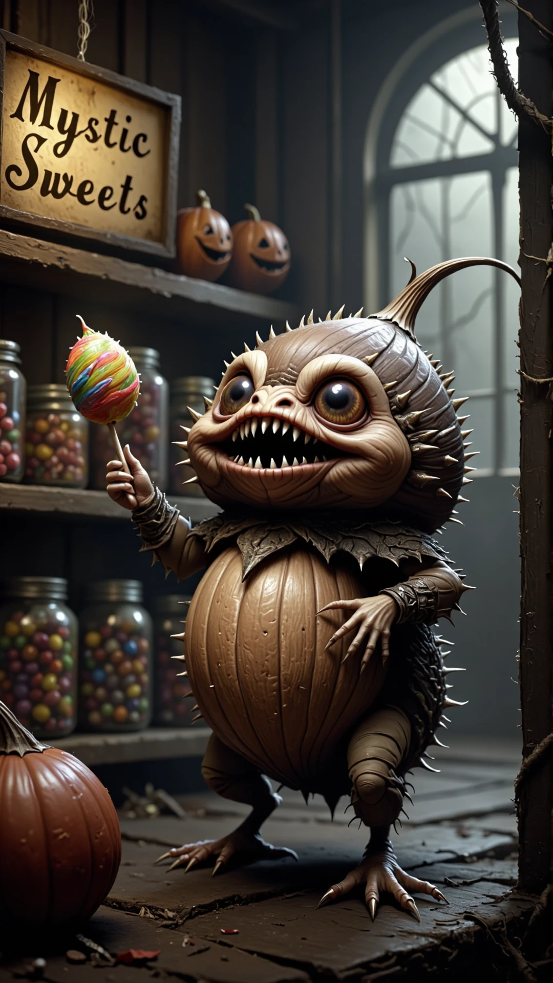 A professional film grain photography In a dimly lit, old, and dusty candy store, a little huskling is rummaging through a shelf filled with jars of colorful sweets. The huskling's small, plump body resembles a cross between an acorn and a hedgehog, with sharp, quill-like spikes covering its back and a mischievous grin spreading across its face. Its sharp teeth and fangs peep out from beneath its lips, giving it a sweetly scary appearance. 
The huskling's large, round eyes gleam with excitement as it digs through the jars, sending candy flying in all directions. Its tiny, spiky hands grasp a particularly large lollipop, and it holds it up triumphantly, admiring its reflection in a cobweb-covered mirror on the shelf.
The store's old-fashioned decorations add to the spooky atmosphere - cobwebs hang from the ceiling, and jack-o'-lanterns line the shelves, casting flickering shadows on the walls. A sign above the huskling's head reads 'Mystic Sweets' in bold, cursive letters, and the air is thick with the scent of sugar and spices. The huskling's little feet are covered in a fine layer of dust, and its quills are slightly ruffled, as if it had been crawling through the store's old shelves.photography,natural light,centered subject,shallow depth of field,majestically strides forward toward us with abandon,(realistic,photo-realistic:1.37),gritty industrial,(neutral colors:1.2),art,(hdr:1.5),(muted colors:1.1),(pastel:0.2),hyperdetailed,Cool color palette,(side view:1.3),shot on Panasonic Lumix GH5 with Leica DG 25mm f-1.4 <lora:HusklingFlux:1>