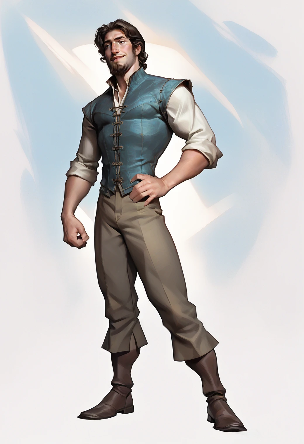 <lora:Painterly_Sketch_Art-20:0.8> (pskas4b style):1.5,
score_9,score_8_up,score_7_up, rating_safe,
adult, handsome, 
<lora:Flynn_Rider_-_Tangled:0.8> flynnrider    
freckles, goatee, freckles on body, cocky, confident expression, 
full body,  wide angle, dynamic pose,