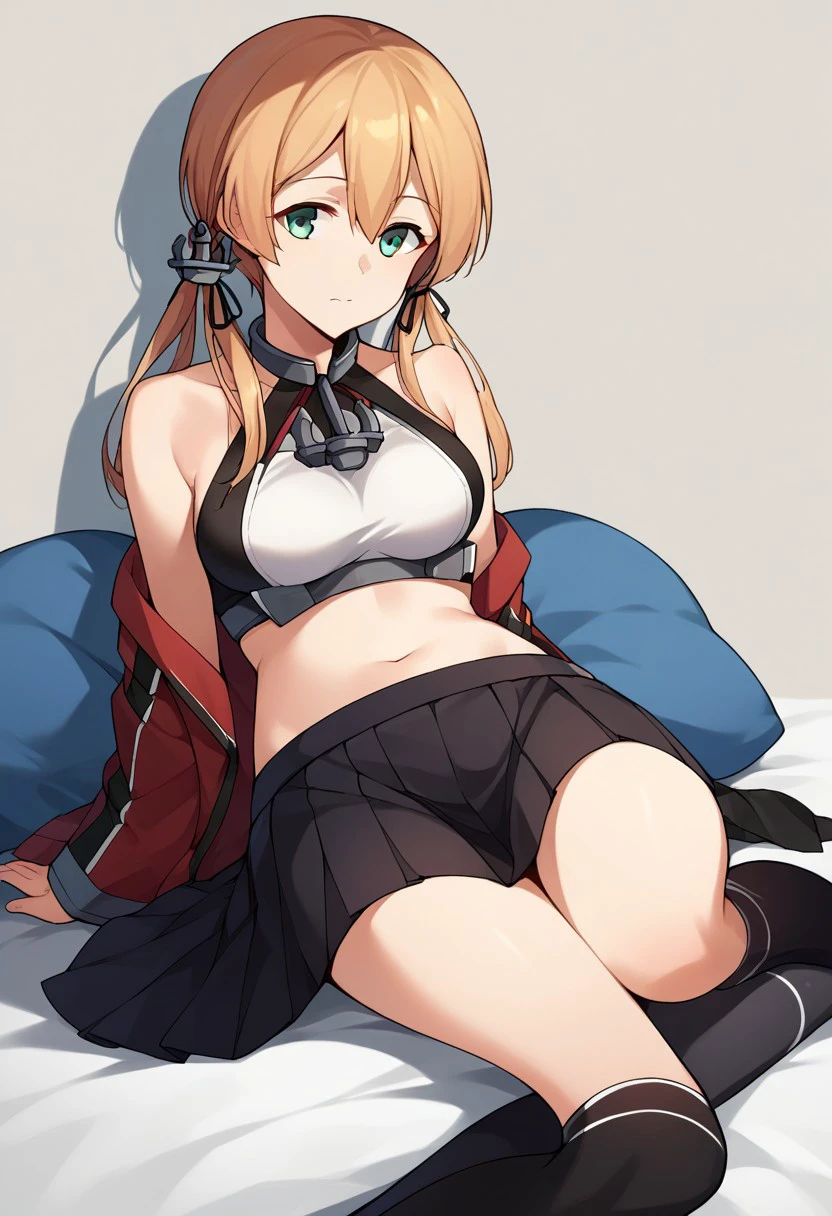 score_9, score_8, score_7, source_anime, prinz eugen (kancolle), low twintails, anchor hair ornament, sitting, closed mouth, skirt, stomach, over-kneehighs, lying, halterneck, medium breasts