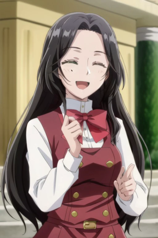 (masterpiece),liz cather, long hair, black hair, green eyes, 1girl, closed eyes, solo, red bow, smile, open mouth, bow, school uniform, facing viewer, bowtie, upper body, white shirt