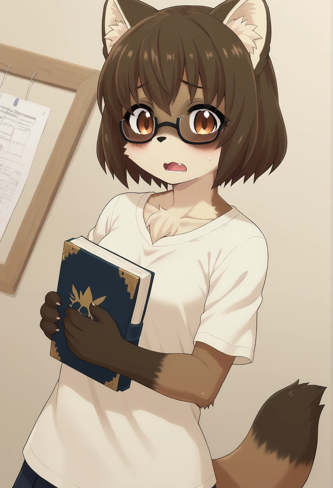 score_9, score_8_up, score_7_up, source_furry, tmc, <lora:RaccoonGirl_pony_v1:1>,
1girl, solo, animal ears, raccoon ears, furry female, brown eyes, furry, tail, brown hair, short hair, pawpads, brown fur, small breasts,
open mouth, blush, shy, black t-shirt, looking at viewer,
standing, holding book, glasses, upper body, dutch angle, (back:0.4),
anime screencap, <lora:p:0.3> <lora:Anime_Screencap:0.7>