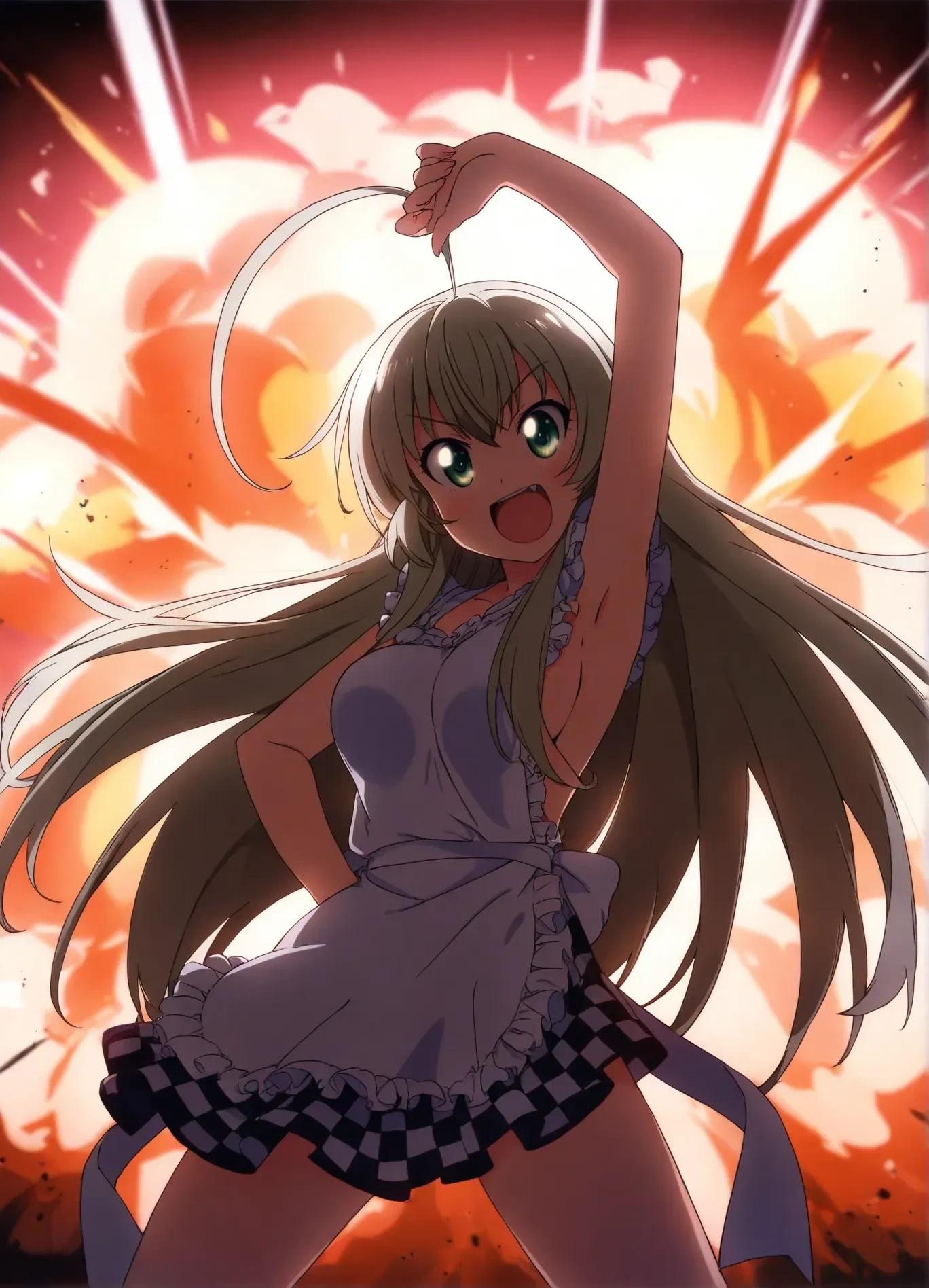 masterpiece,absurdres, highres,<lora:mgmmzillustrious01:0.95>,1girl,nyaruko,large breasts, smile,open mouth,henshin pose, black and white checkered clothes,arm up,legs apart,nearly naked apron, explosion, backlighting