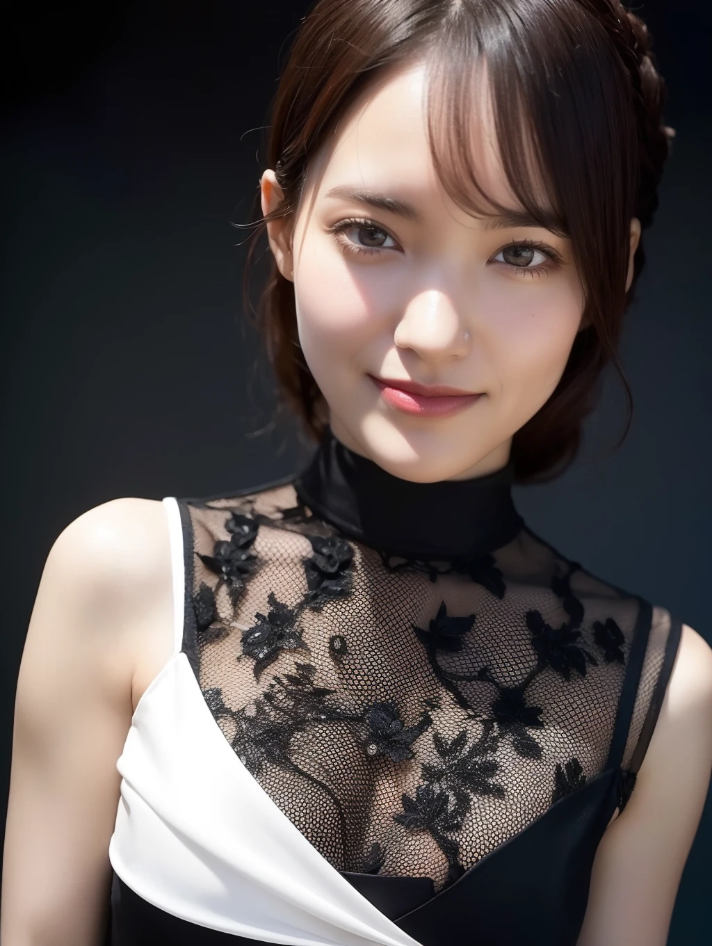 1girl,(wearing a pleated skirt, open shoulders),(RAW photo, best quality), (realistic, photo-realistic:1.4), masterpiece, an extremely delicate and beautiful, extremely detailed, 2k wallpaper, Amazing, finely detail, extremely detailed CG unity 8k wallpaper, ultra-detailed, highres, soft light, beautiful detailed girl, extremely detailed eyes and face, beautiful detailed nose, beautiful detailed eyes,cinematic lighting, smile,<lora:maturi_v1:1.1>
