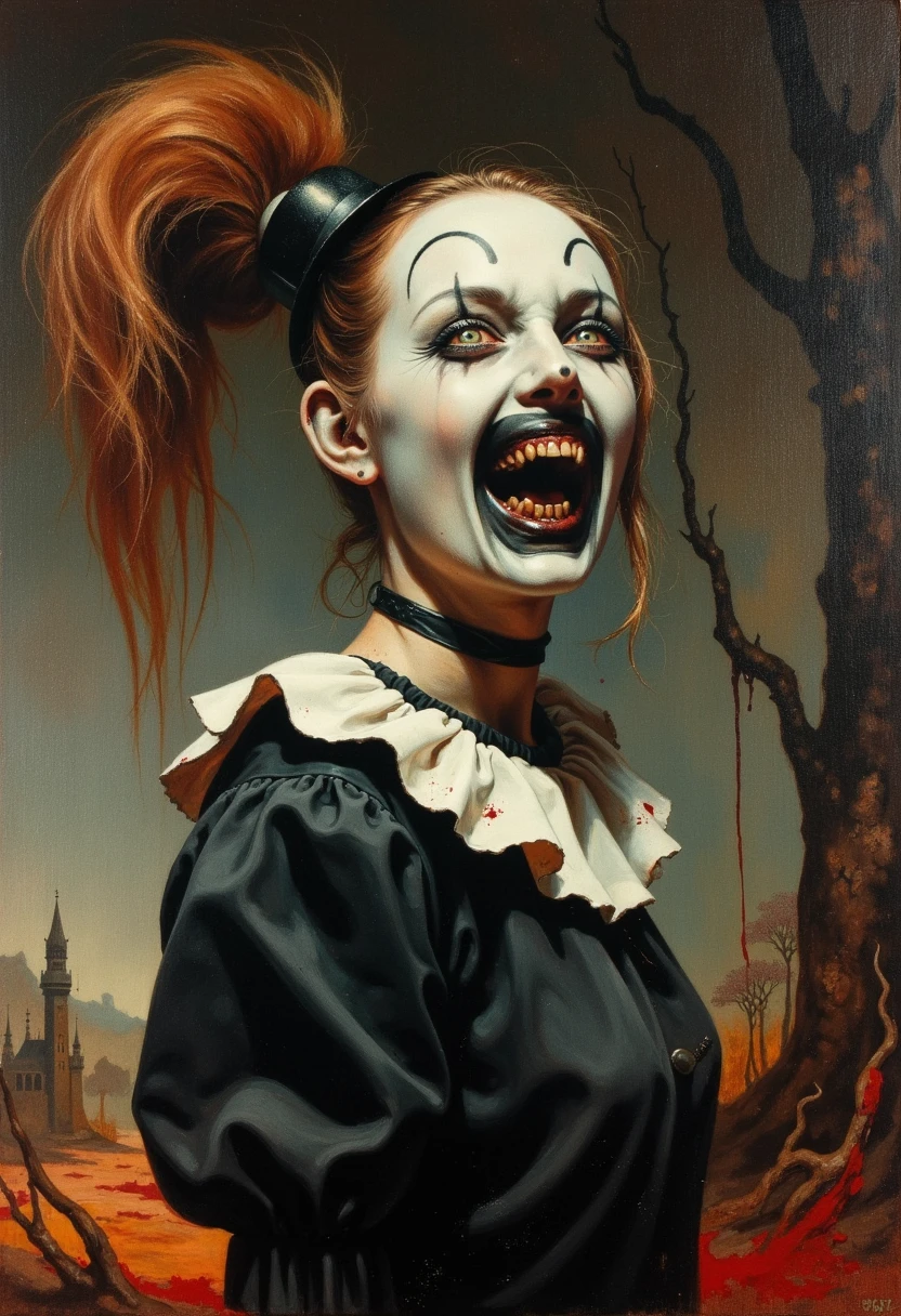 frank frazetta fantasy oil painting of A terrifying creepy female clown character with white face paint and extremely pale skin, exaggerated black lines for eyebrows and eyes, and a sinister wide smile with dark, decayed teeth. The character has wild, reddish-brown hair in one side ponytail, the other side of the hair is straight and messy, wearing a filthy black and white clown costume with blood stains. The character has an unsettling, intense stare, extreme horror aesthetic.  The background shows a terrifying landscape