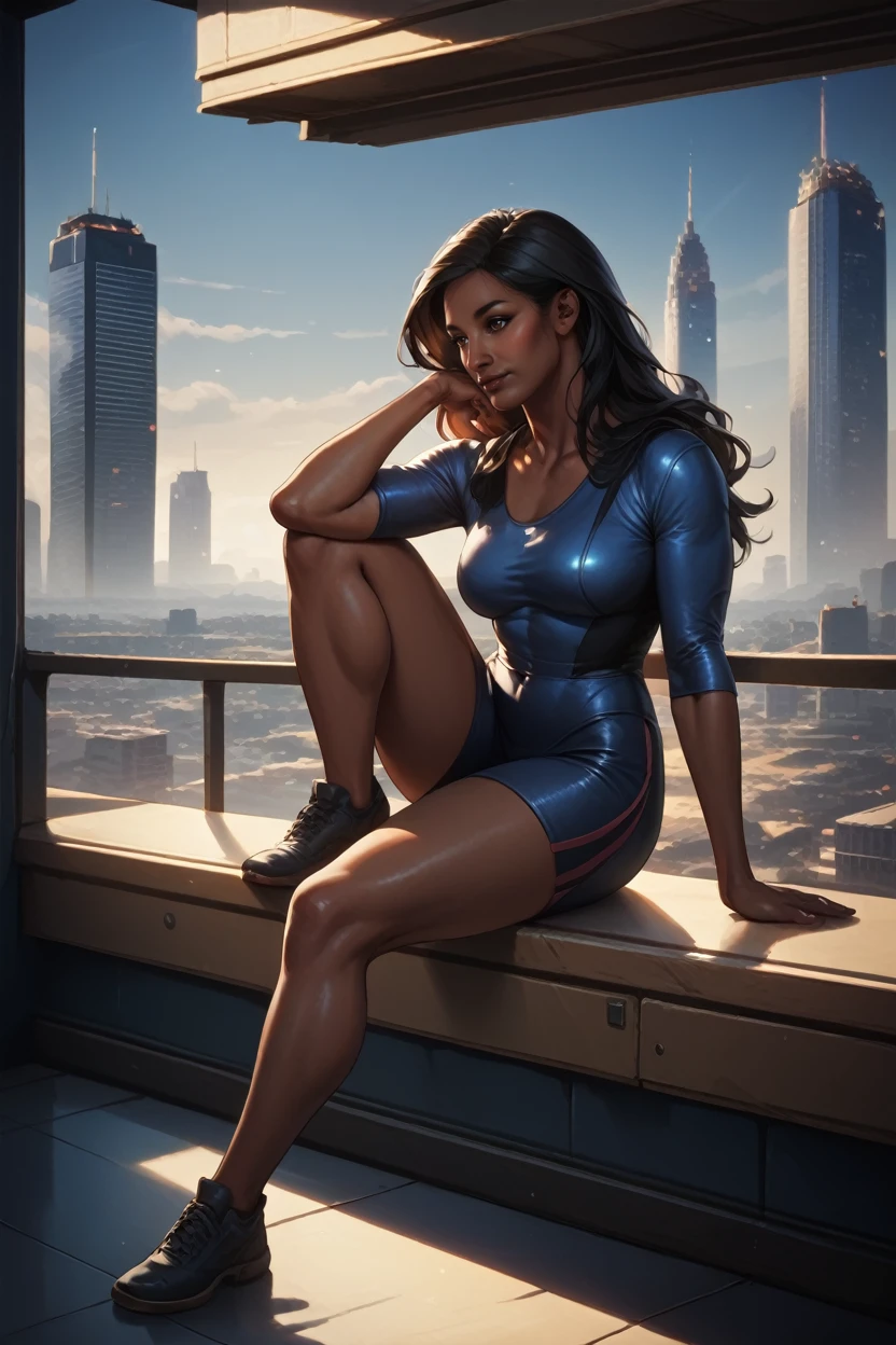 score_9, score_8_up, score_7_up,
MEBrooks, 1girl, black hair, brown eyes, dark skin, long hair, sitting on a windowsill, one leg bent, one hand resting on the knee, city skyline at dusk in the background, moody and reflective ambiance Artstation concept art 
<lora:MEBrooks:0.8>