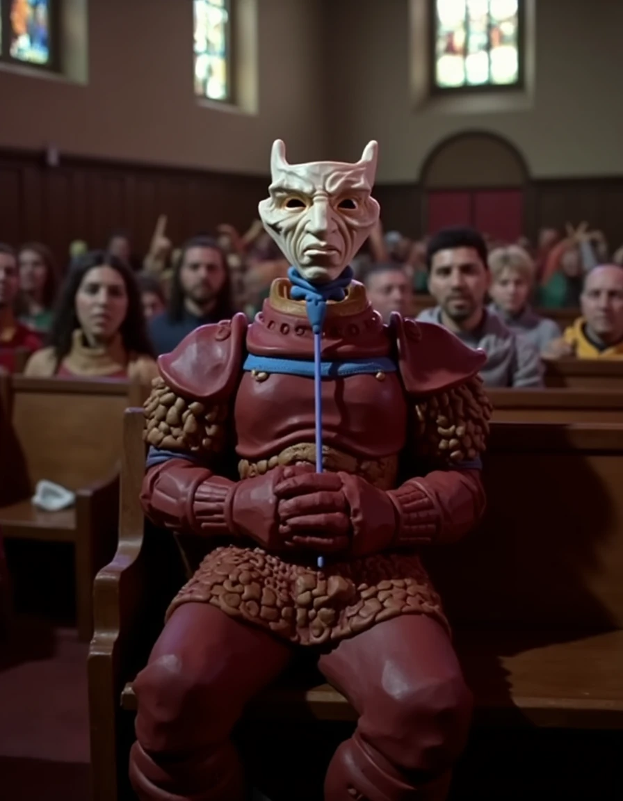 <lora:Satan_Flux:1.25> This is an image of s@t@n, devilmask, sitting in a pew in a crowded church