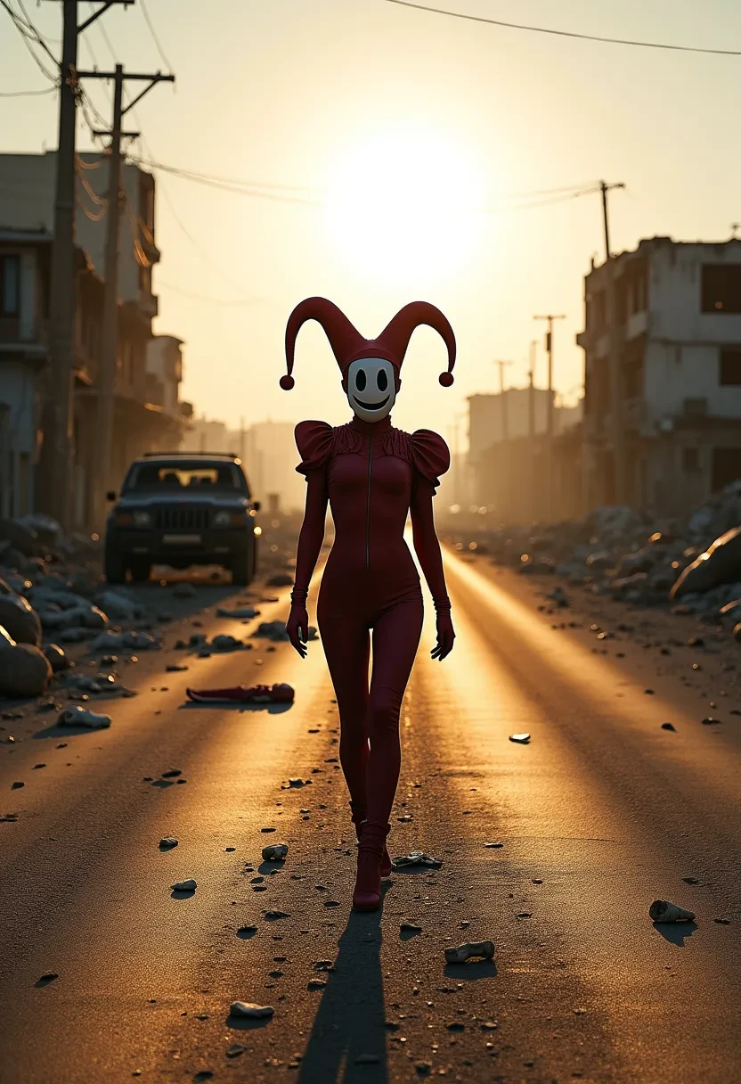 The image is a real photo, and depicts a character walking through a post-apocalyptic landscape, evoking a strong sense of desolation and survival. The character is seen facing the viewer, walking towards the viewer along a deserted road. The character is wearing a form-fitting jester outfit with a white, bright, and clean highrise_mask. The environment around the character is grim and dystopian. The road is littered with debris such as bones and discarded items, indicating past violence or death. There are remnants of old vehicles and crumbling buildings, some still standing but in a severely dilapidated state, hinting at a once-functioning society that has now collapsed. The lighting is dramatic, with the sun low in the sky, casting a golden hue over the scene. This creates long shadows, enhancing the visual depth of the image and giving the landscape a haunting beauty despite its ruinous state. The character’s stance, confidently walking into the horizon, suggests resilience, as though they are on a mission or journey in this ruined world. The image captures a mixture of isolation, determination, and the stark beauty of a world