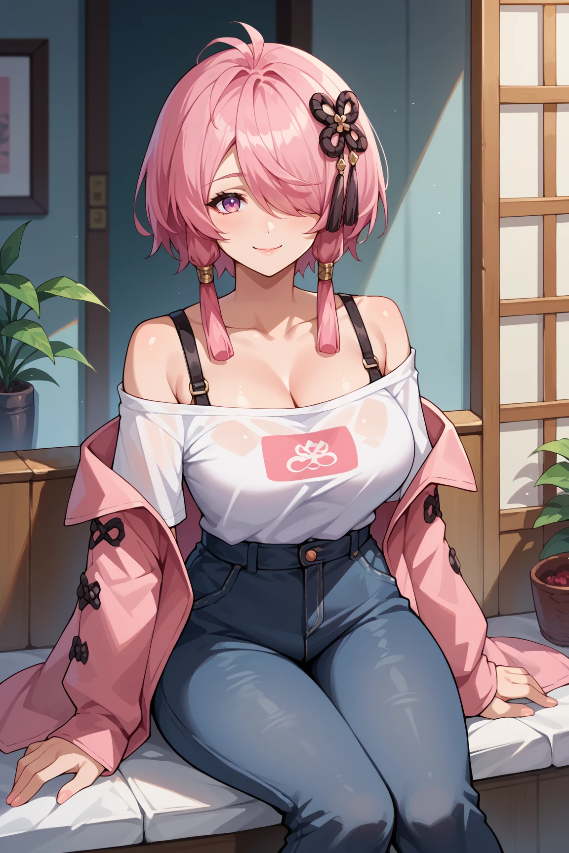 score_9, score_8_up, score_7_up, score_6_up, source_anime, solo, 1girl, taoqi, large breasts, pink hair, pink eyes, hair over one eye, hair ornament, l, off shoulder, shirt, pants, sitting, smile <lora:TaoqiPony:1>