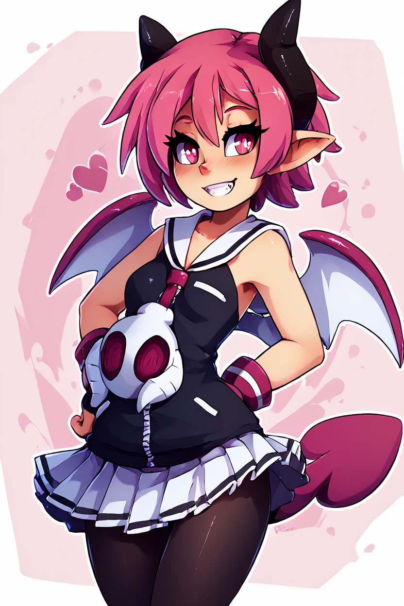 score_9, score_8_up, score_8, medium breasts, (curvy), cute, eyelashes,       BREAK, , ,,,   zzRaspberyl, pink eyes, pink hair, short hair, demon horns,  wings, tail, pantyhose, skirt, black pantyhose, demon wings, sailor collar, white sailor collar,  <lora:Raspberyl_Disgaea_PDXL:1.0>,   ,,,, BREAK, smile, looking at viewer, ,,, abstract background, white outline, cowboy shot, ,,, embedding:zPDXL, Expressiveh, ,,, <lora:theOtherHalfPDXL:0.8>, <lora:CatalystStylePDXL:0.6>, <lora:SDXLFaeTastic2400:0.5>, <lora:Expressive_H-000001:0.4>,