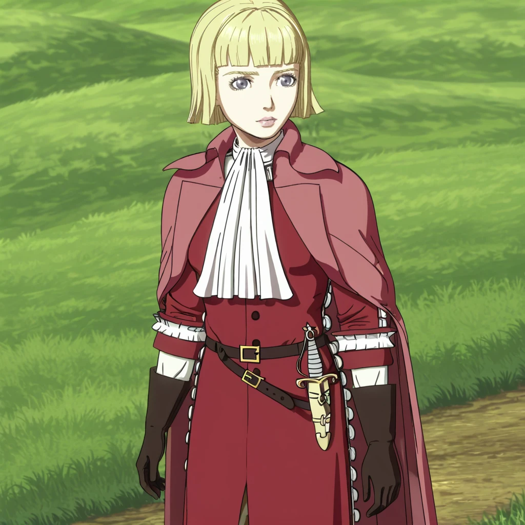 <lora:ladyfarnese_pony_v1:.8>  FarneseShortHair, 1girl, blonde hair, gloves, short hair, cape, ascot, belt, blunt bangs, military uniform, grey eyes, bob cut, coat, cowboy shot