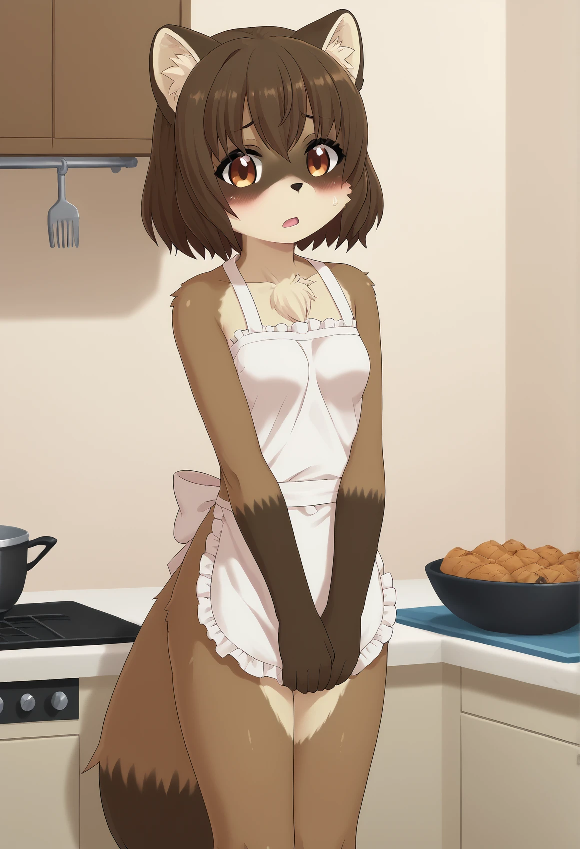 score_9, score_8_up, score_7_up, source_furry, tmc, <lora:RaccoonGirl_pony_v1:1>,
1girl, solo, animal ears, raccoon ears, furry female, brown eyes, furry, tail, brown hair, short hair, pawpads, brown fur, small breasts,
open mouth, blush, shy, naked apron, white apron, covering crotch, covering privates, looking at viewer,
kitchen, upper body, dutch angle, (back:0.6), from above,
anime screencap, <lora:p:0.3> <lora:Anime_Screencap:0.7>