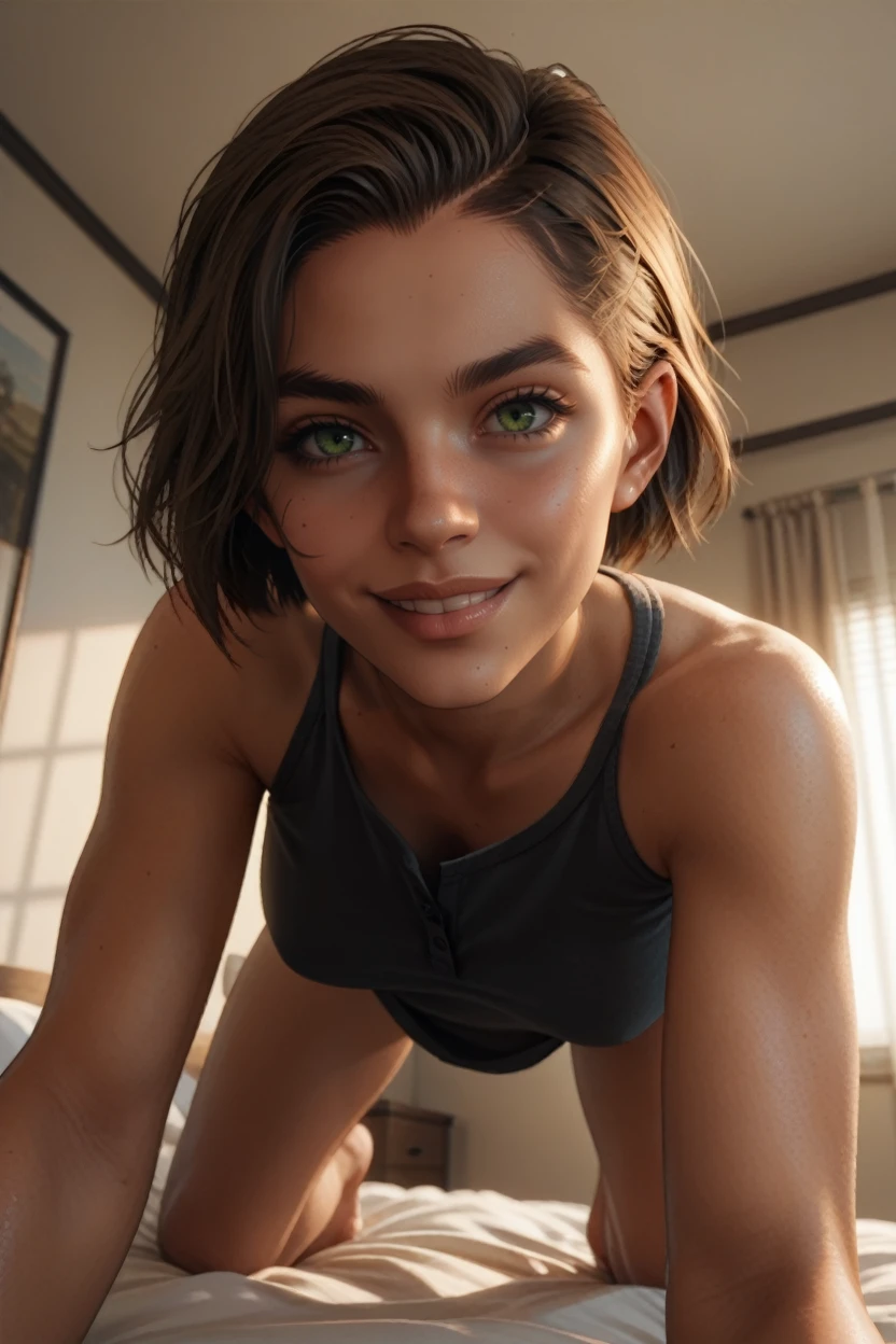 score_9, score_8_up, score_7_up,
<lora:FC6Dani:0.8>
FC6Dani, 1girl, brown hair, green eyes, short hair, looking at viewer, indoors, on bed, all fours, grin, from below