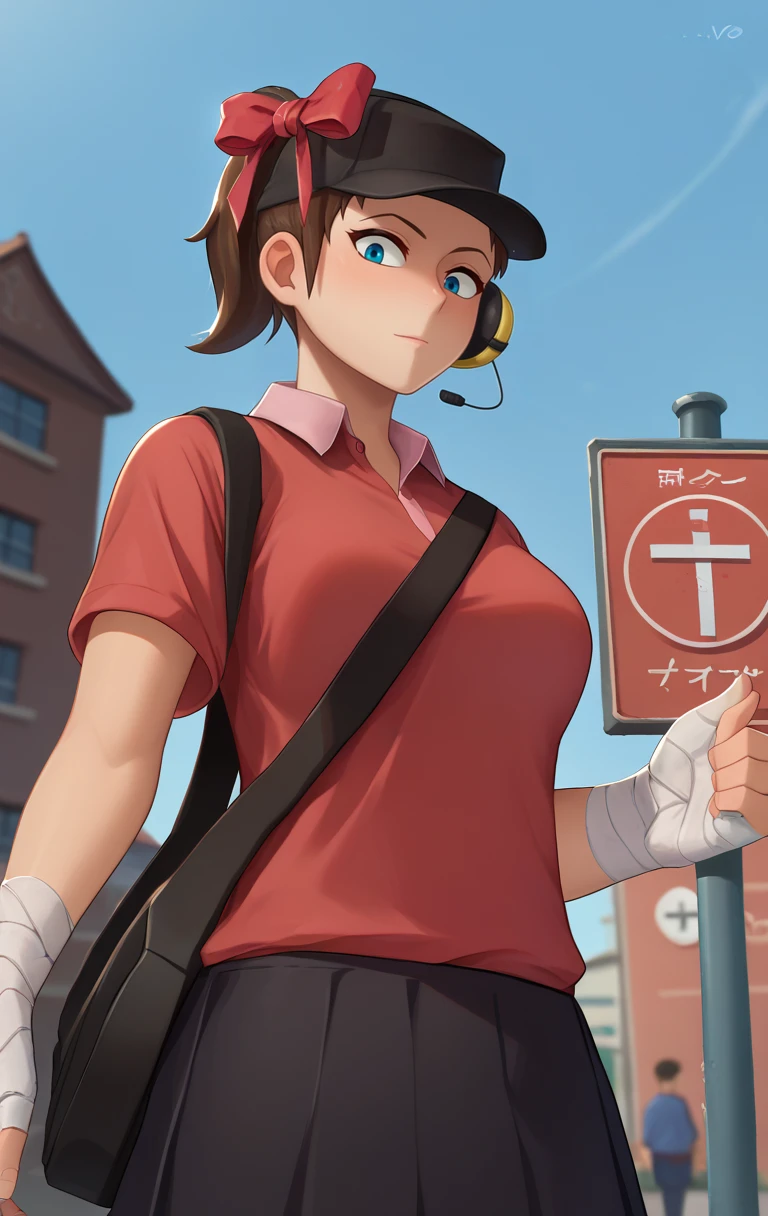 score_9,score_8_up,score_7_up BREAK <lora:femscout10:1>,FemScoutMarlo,1girl,short hair,blue eyes,ponytail,brown hair,shirt,hat,red bow,short sleeves,collared shirt,shoulder bag,bandages,black skirt,headset,red shirt,bandaged arm,bandaged hand,polo shirt,cowboy shot,street background,from below,