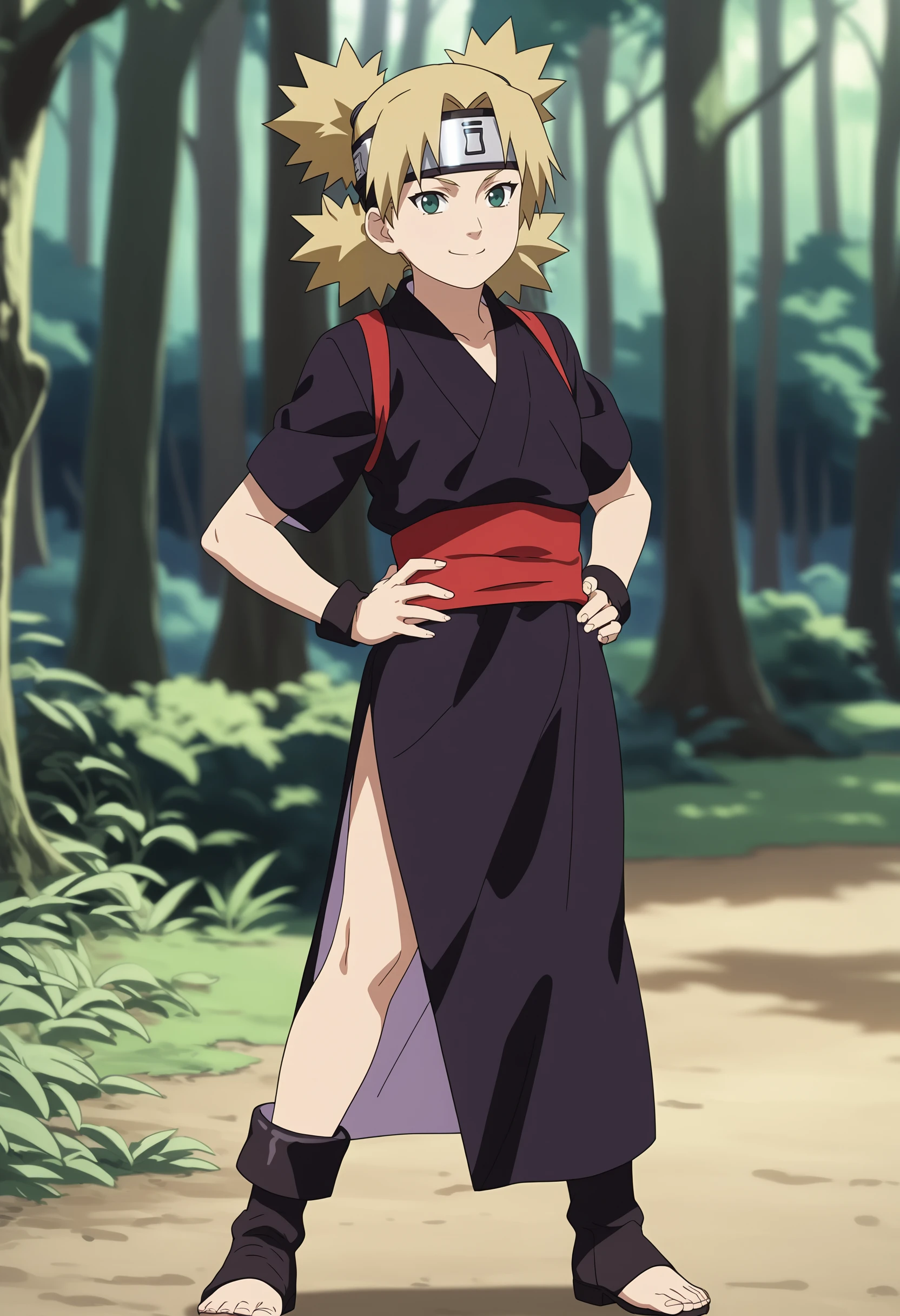 score_9, score_8_up, score_7_up, anime screencap, BREAK
1girl, temari, blonde hair,quad tails, dark green eyes,
forehead protector, black kimono, red sash, short sleeves, toeless boots,
hands on hips, standing, solo, smile, looking at viewer, trees, forest background   <lora:TemariShippudenPDXL_byKonan:1>