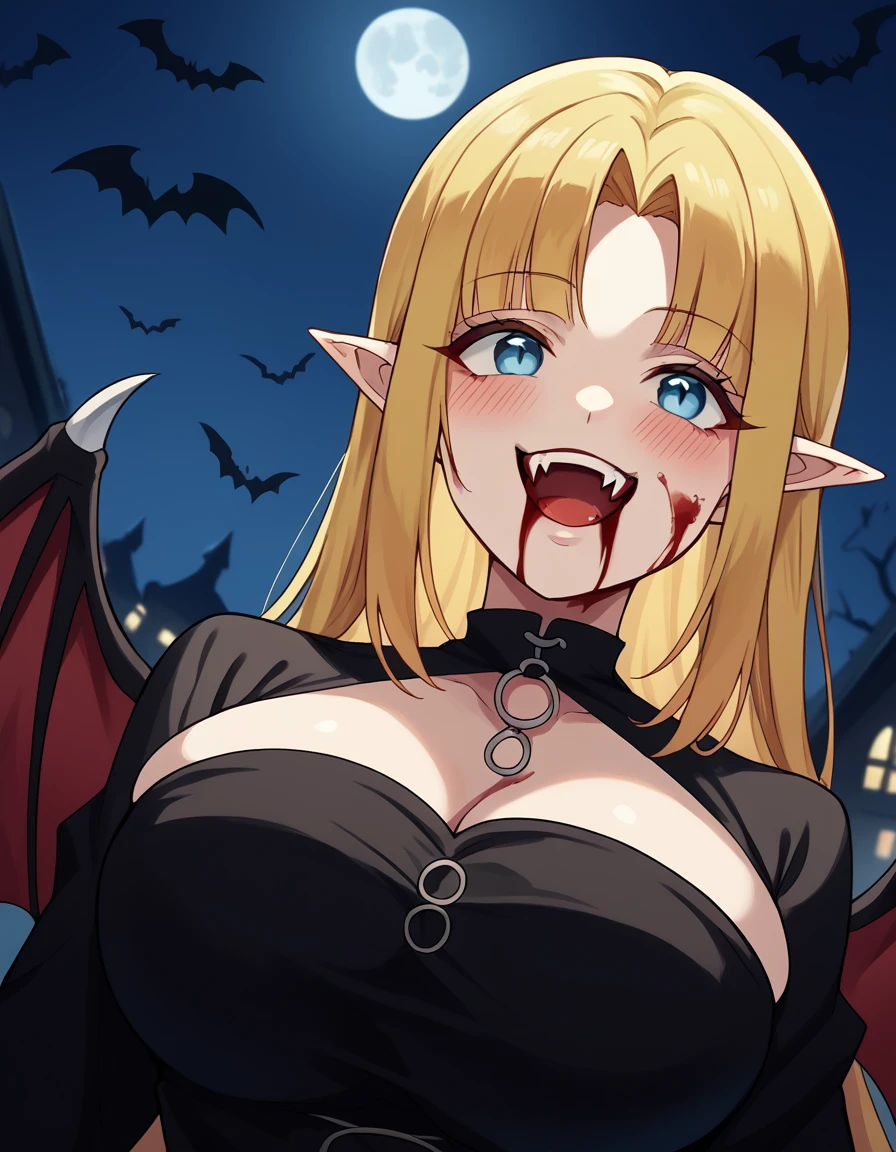 score_9, score_8_up, score_7_up, source_anime, <lora:chloe-mansfield-s1-ponyxl-lora-nochekaiser:1>, chloe mansfield, long hair, bangs, blue eyes, blonde hair, huge breasts,, <lora:vampire-ponyxl-lora-nochekaiser:1>, vampire, red eyes, pointy ears, fangs, black dress, wings, blood, blood on face, blood on mouth, bat (animal), halloween, halloween costume, upper teeth only, night, moon, blush, smile, open mouth, , dutch angle, cowboy shot