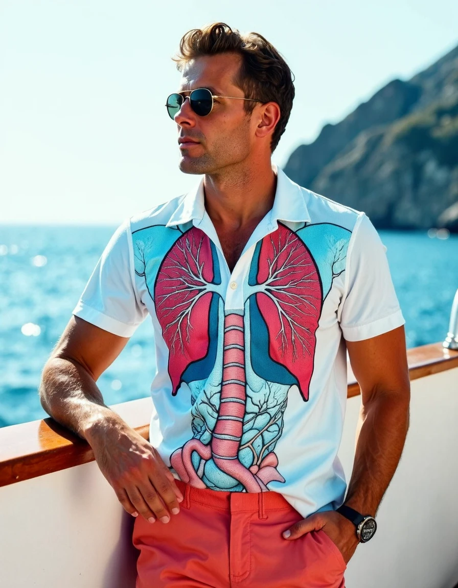 Visceral_clothing,This is a vintage, anatomically themed outfit worn by a person, adorned with colorful anatomical illustrations. The focus is on the depiction of the structure of human organs on the clothing, highlighting the design and novelty aspects of the attire. On the sun-drenched deck of a luxury yacht, a man with a tan and a confident smirk leans against the railing. His eyes are shielded by aviator sunglasses, and his posture exudes a casual elegance. He's wearing a Visceral_clothing polo shirt that features a stylized depiction of the respiratory system. The shirt's design is a gradient of blues and purples, mimicking the flow of oxygen through the bronchi and alveoli. The fabric is a breathable, moisture-wicking material that moves with the ocean breeze, keeping him cool under the tropical sun. The shirt's back is a stunning rendition of the lungs, their intricate patterns expanding and contracting with each breath he takes.,  <lora:Visceral_clothing_04:1.2> ,<lora:Hyper-FLUX.1-dev-8steps-loraéé¾:1>