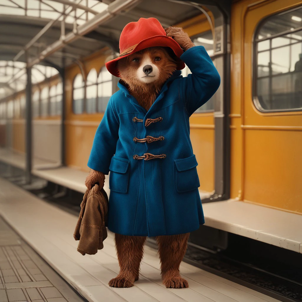 Score_7_up, score_8_up, full body, solo male,
BREAK,
Paddington, red hat, removing headwear, blue coat, outdoors, train station, in public,