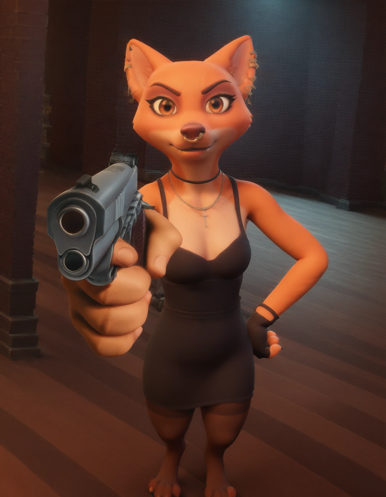 score_9, score_8_up, score_7_up, score_6_up, score_5_up, score_4_up, girl, solo
Foxy_Liars_Bar, orange fur, two tone fur, brown eyes, nose piercing, ears piercing, fingerless gloves, black tights, black dress, paws, holding weapon, handgun, holding gun, aiming at viewer, revolver, finger on trigger
 <lora:Foxy_Liars_Bar_XL:0.9>
 <lora:HandPointingAGunMeme_XLPD:0.9>