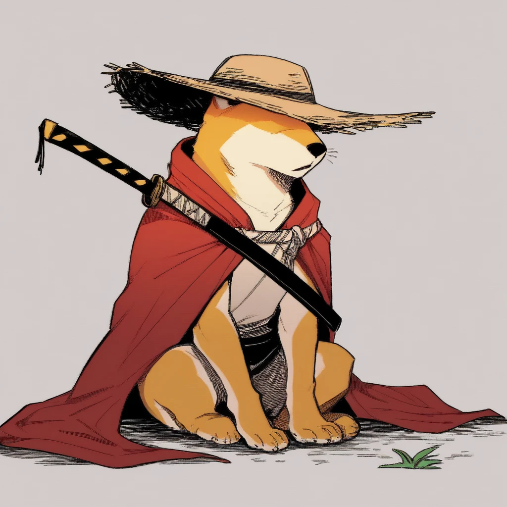 (cheems), shiba-inu, covered eyes, straw hat, samurai, cape, katana, sitting, yellow fur, lineart, cartoon  <lora:MEME_Doge-PONY:0.7>, score_9, score_8_up, score_7_up, score_6_up,