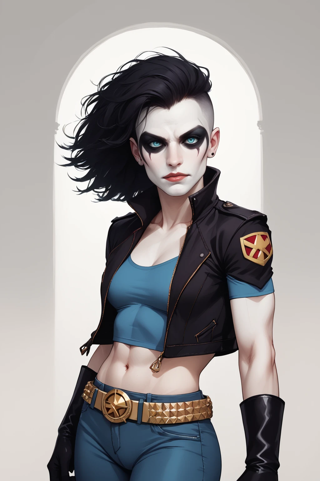 <lora:Crush_PDXL_spamb0t:0.9>,DC_Comics_Crush BREAK (white skin, facepaint:1.3) BREAK black hair, shaved side of head BREAK cropped jacket, belt, gloves
BREAK flirty,playful,sultry,seductive,sexually suggestive,standing with one hand on shoulder, other arm out BREAK seen from behind, extreme closeup BREAK pouting lips with an intense stare directly at the viewer
BREAK high quality,film grain,cinematic lighting,volumetric lighting,modeling shoot, abstract background
BREAK (hyper detail,insanely detailed,best quality,masterpiece,photorealistic:0.8)